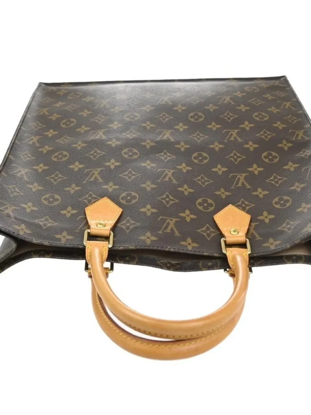 LOUIS VUITTON Logo Sac Plat Hand Tote Bag Monogram Leather Brown